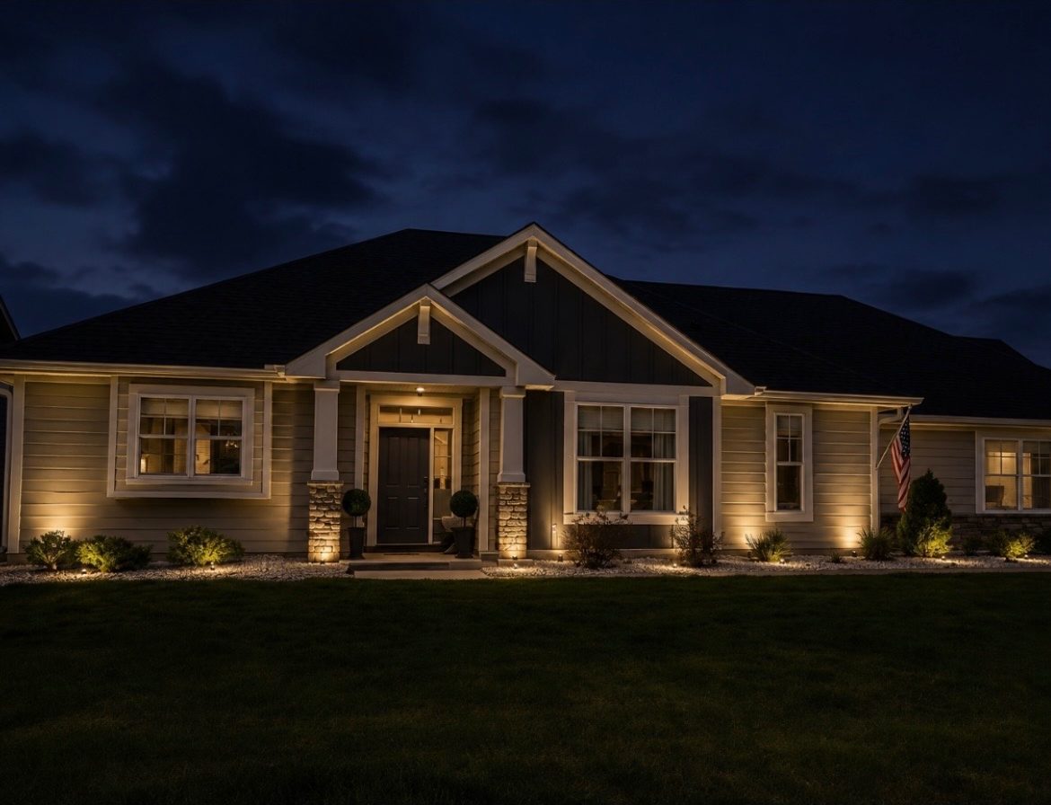 Warm uplighting washing the front of a home at night