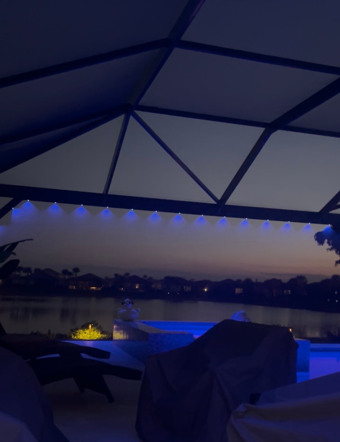 Blue lighting along a screened pool enclosure at dusk